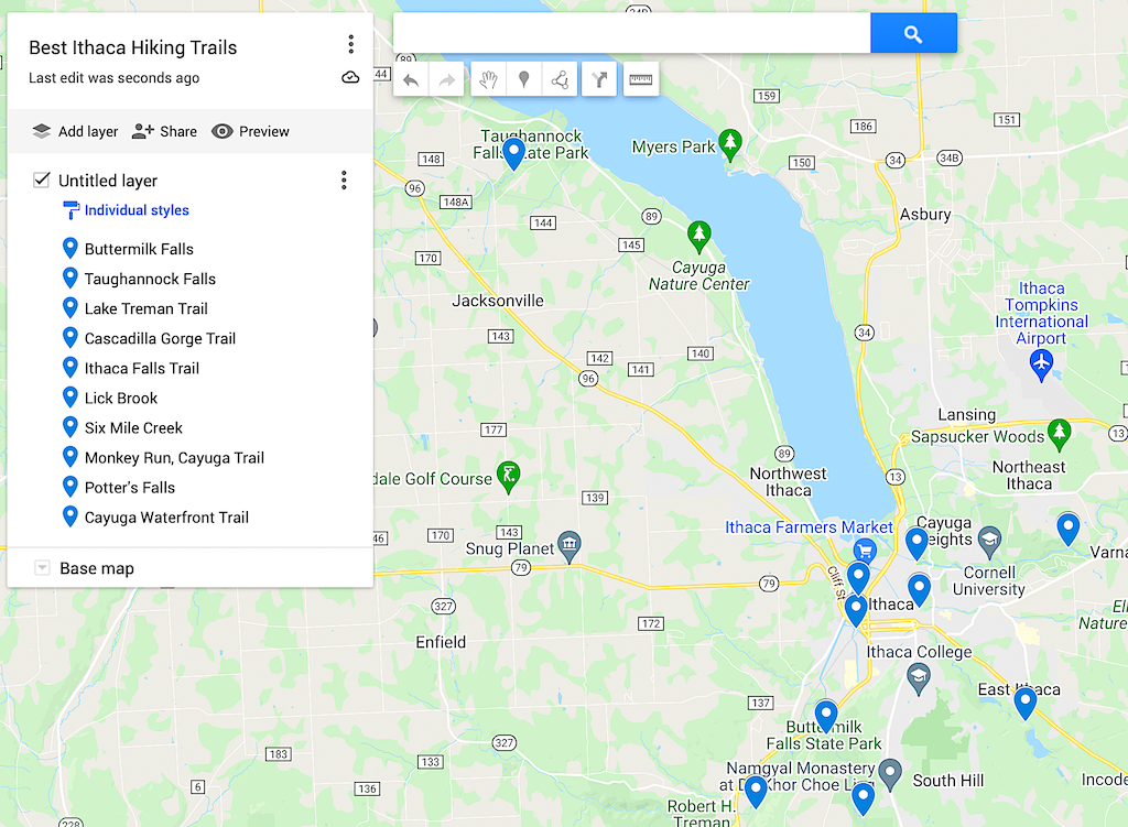Map of the best Ithaca Hiking Trails