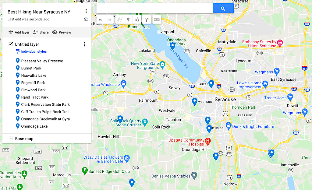 Map of the best hiking near Syracuse NY. 