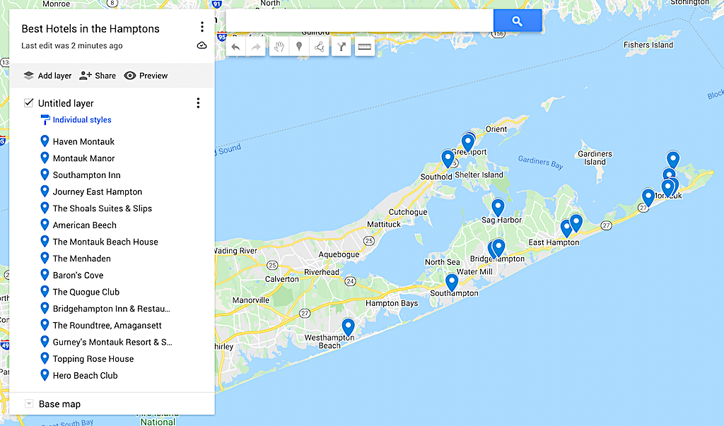 Map of the best hotels in the Hamptons. 