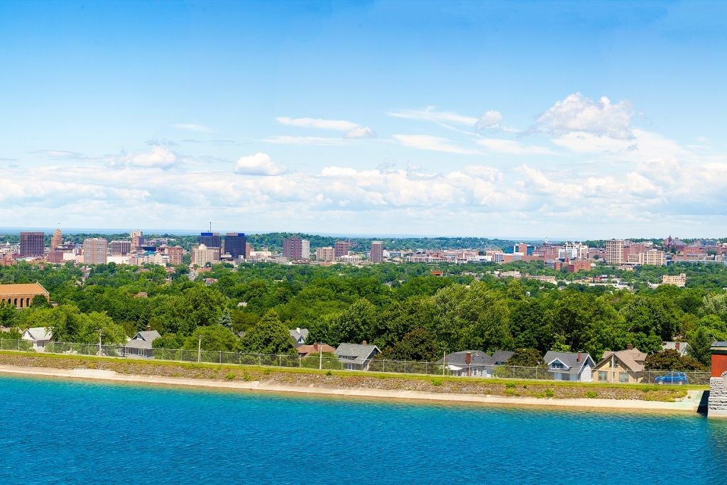 Aerial view fo Syracuse, one of the best Christmas towns in new york. 