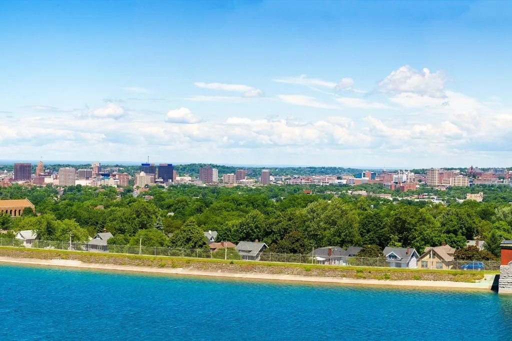 Aerial view fo Syracuse, one of the best Christmas towns in new york. 