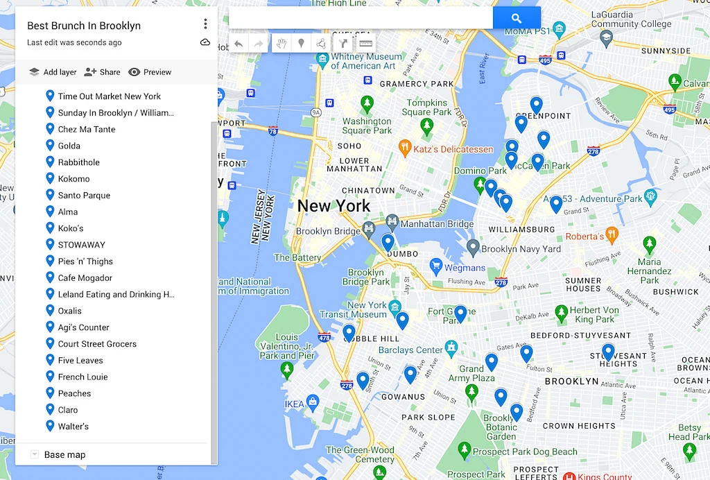 Map of the best brunch in Brooklyn. 