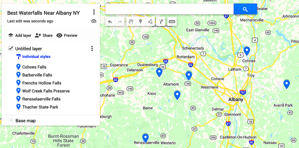 Map of the best waterfalls near Albany NY