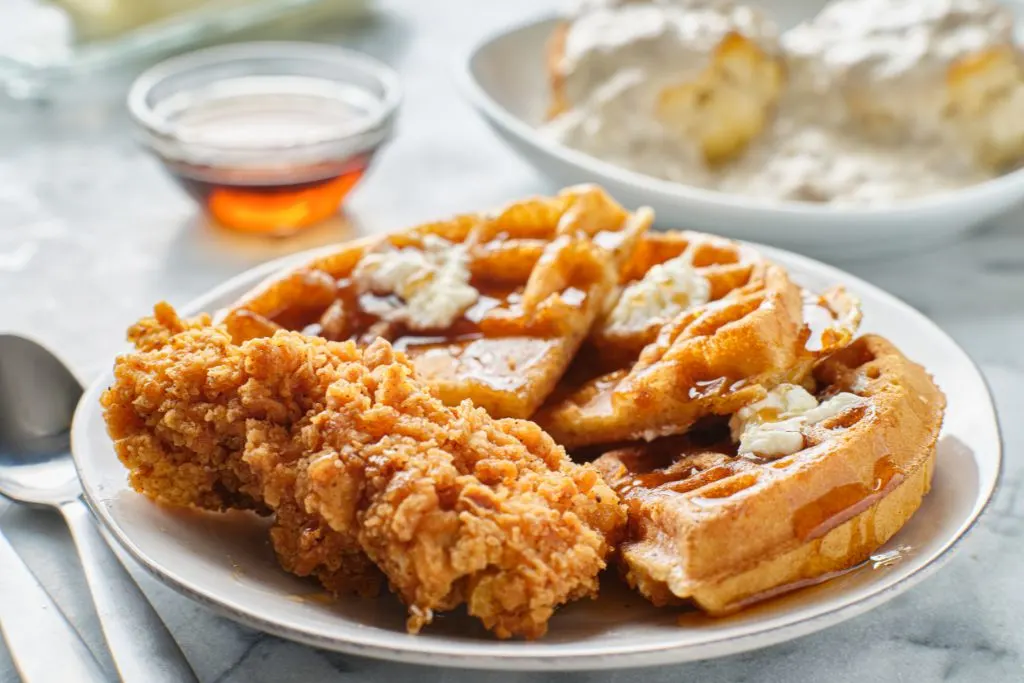 A plate of chicken and waffles from one of the top diners in Brooklyn. 