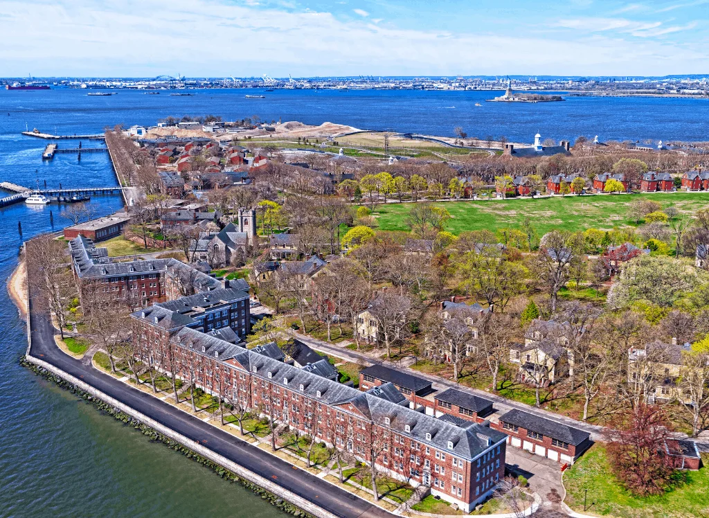 Aerial view of Governors Island and one of the best things to do in NYC with kids. 