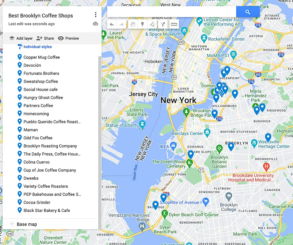 Map of the best Brooklyn Coffee shops. 