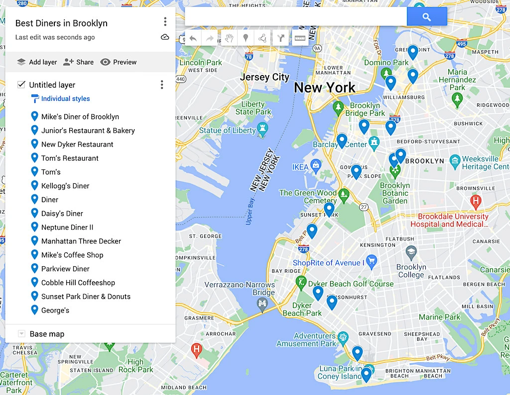Map of the best diners in Brooklyn. 
