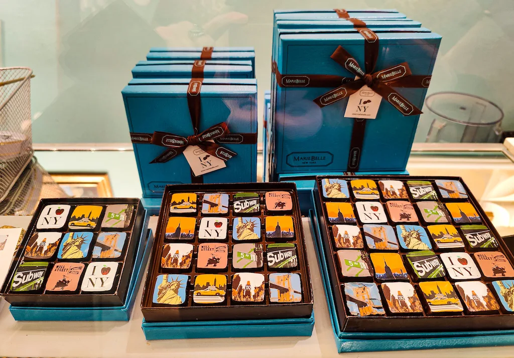 NYC inspired chocolates in blue boxes from Mariebelle's in SOHO NYC. 