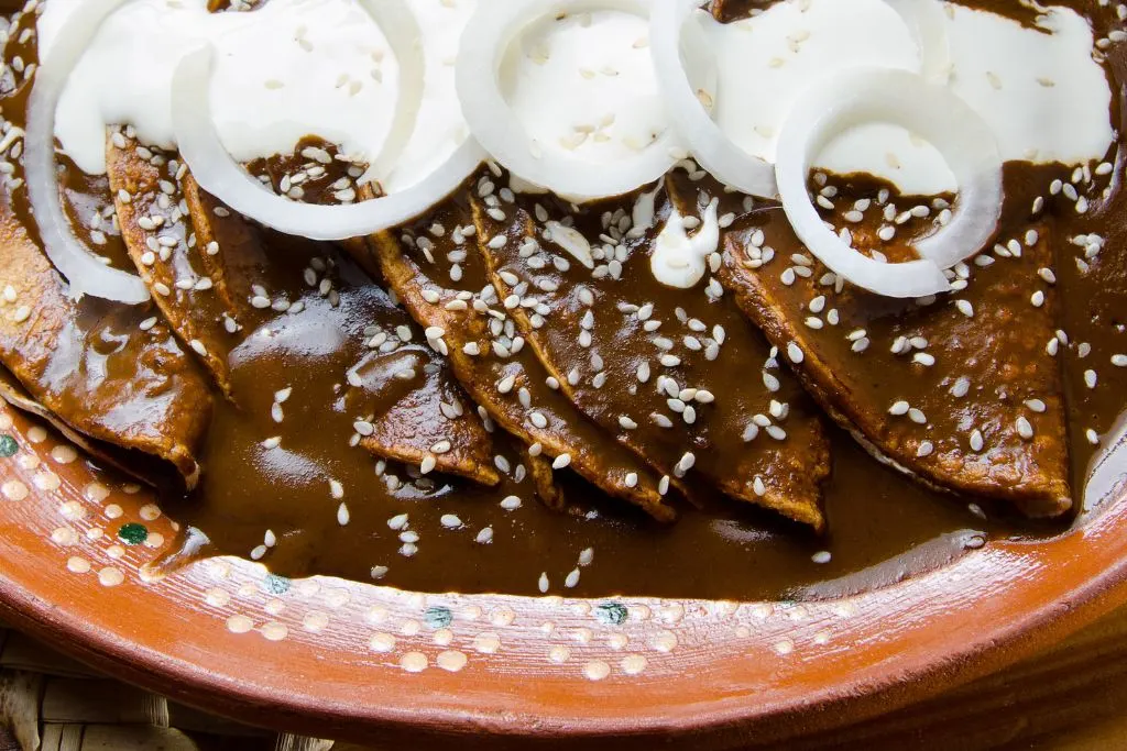 Mexican food with mole sauce. 