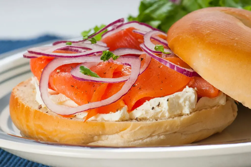 Bagel with lox and cream cheese from one of the best bagel places in Brooklyn. 