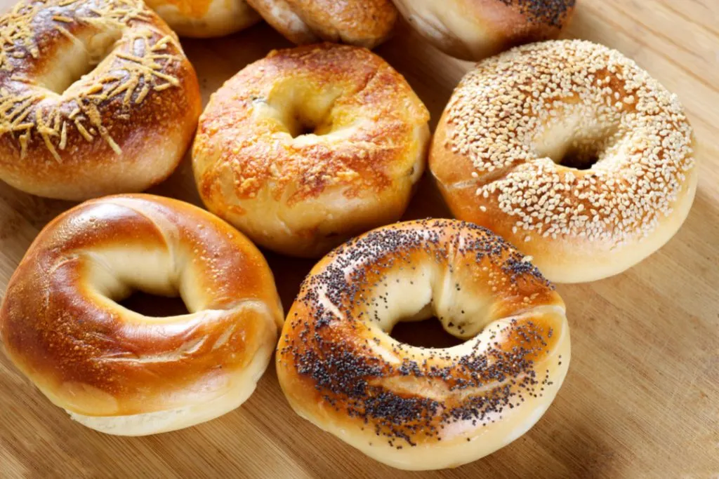 Best bagels in Brooklyn on a wooden table. 