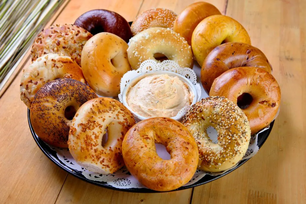 Bagels with spread from one of the best bagel places in Brooklyn. 