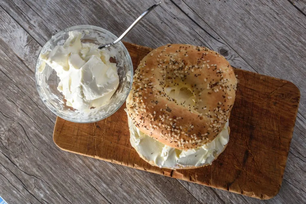 Bagel with cream cheese from one of the best bagel shops in Brooklyn. 
