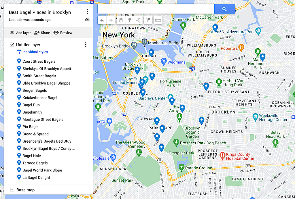 Map of the best bagel places in Brooklyn. 