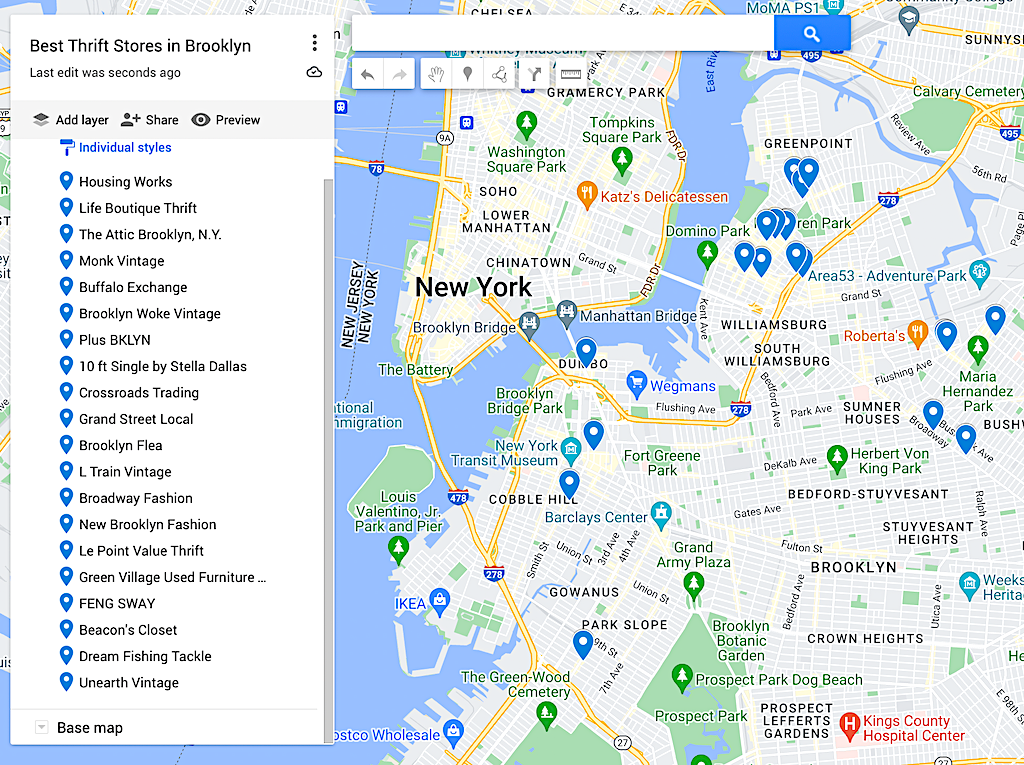Map of the best thrift stores in Brooklyn. 