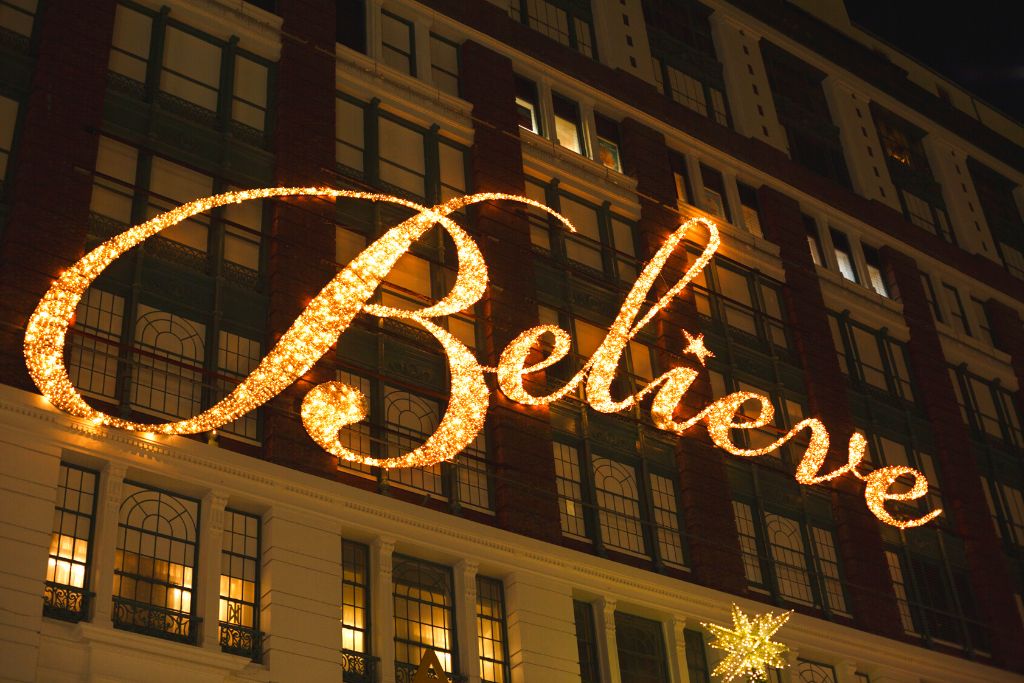 The giant "believe" sign on the front of the Macy's Herald Square building in New York. 