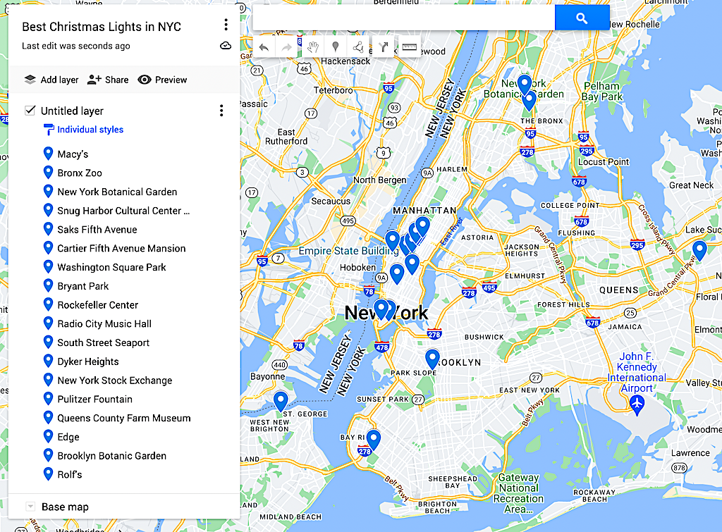 Map of where to find the best Christmas lights in NYC