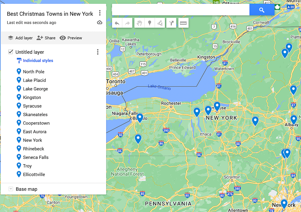 Map of the best Christmas towns in New York. 