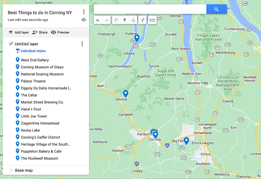 Map of the best things to do in Corning NY. 