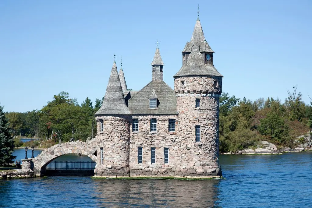 Boldt Castle is a stone castle with a turret sitting in the water of the thousand Island region. One of the best castles in New York. 