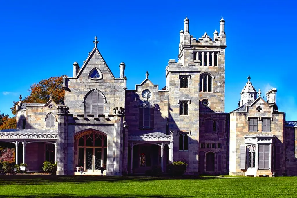 Lavish stone exterior of Lyndhurst Mansion in Tarrytown. 