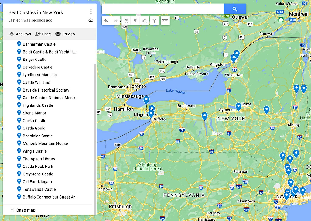 Map of the best castles in New York. 