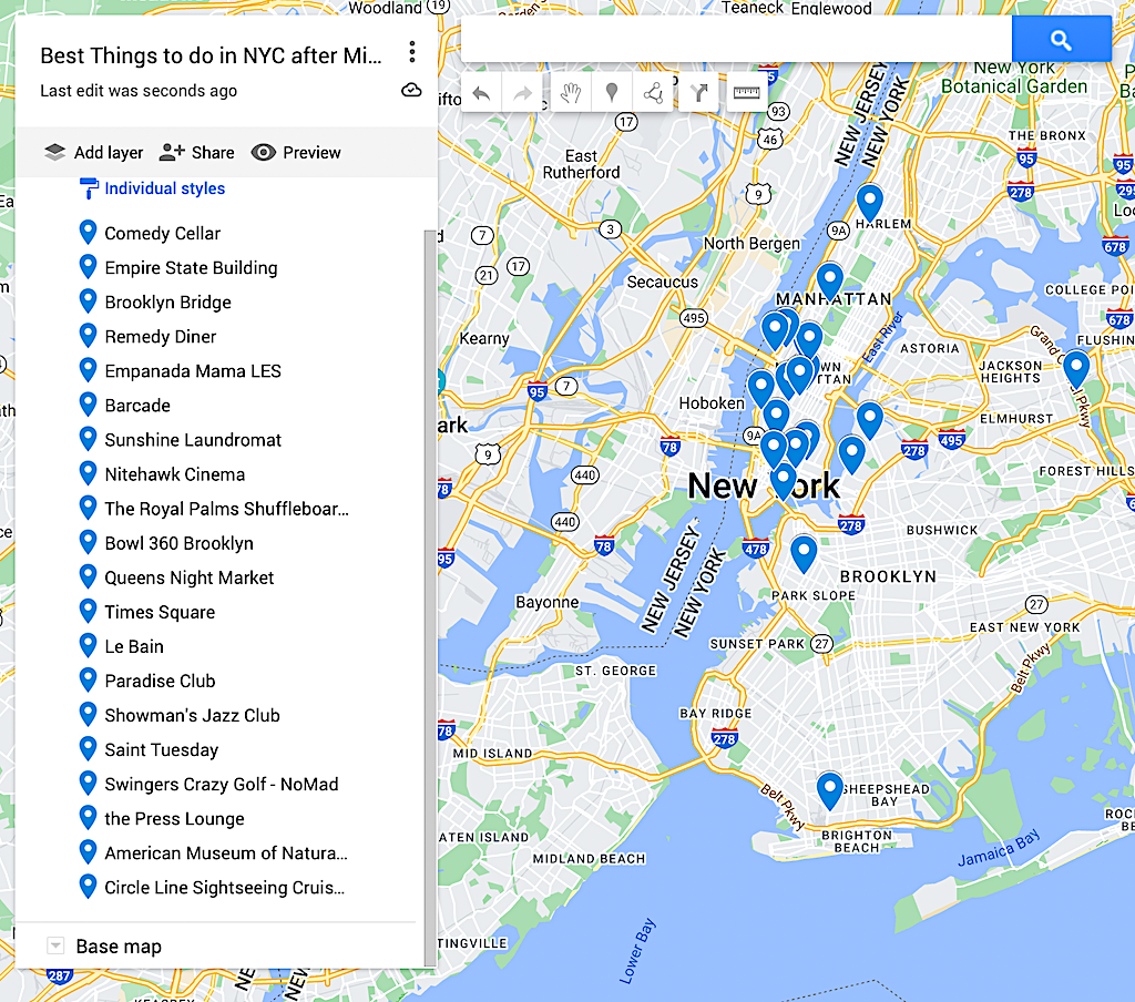 Map of the best things to do in NYC after midnight. 