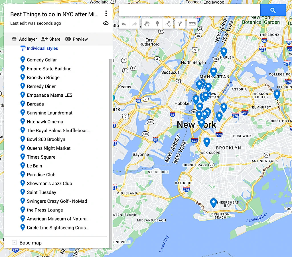 Map of the best things to do in NYC after midnight. 