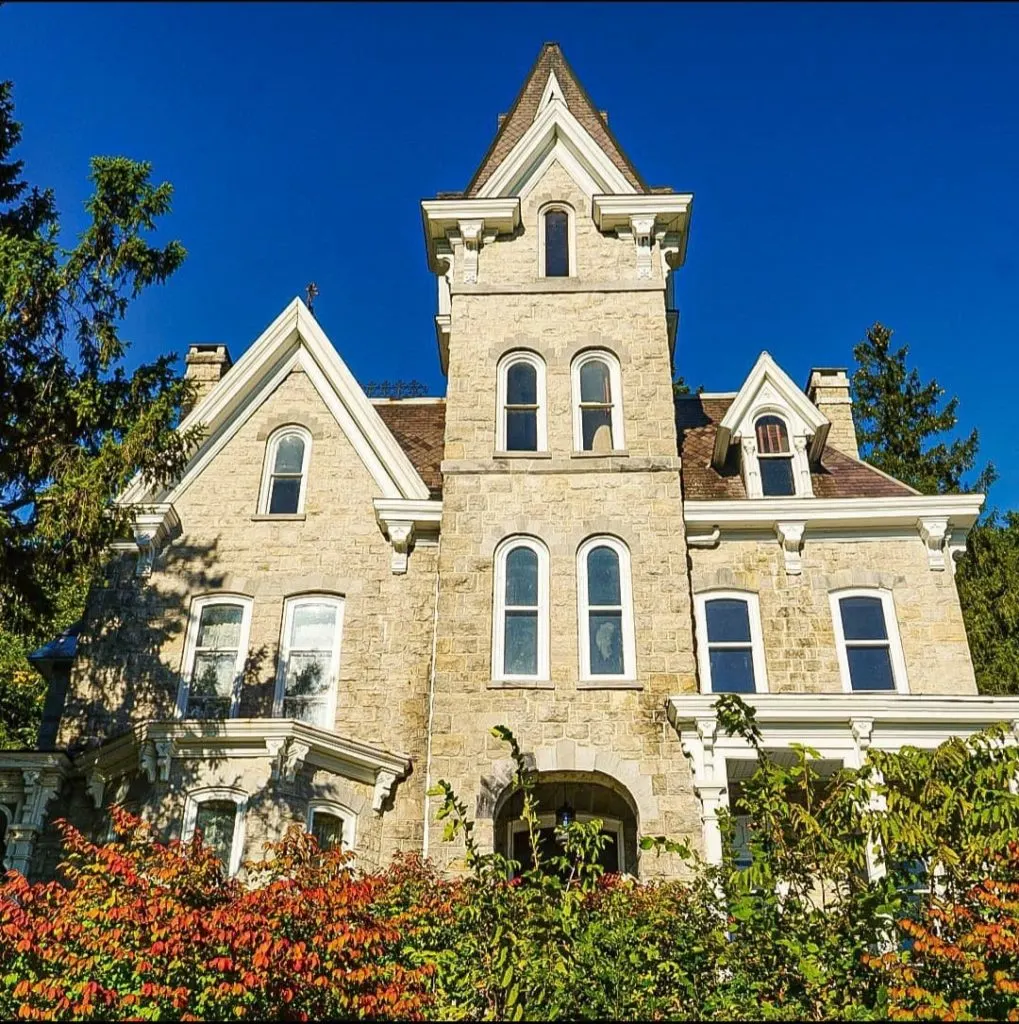 Victorian-inspired, stone exterior of Skene Manor in Whitehall, NY. 