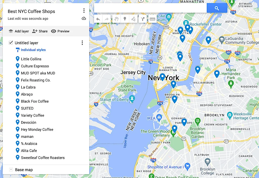 Map of the best NYC coffee shops. 