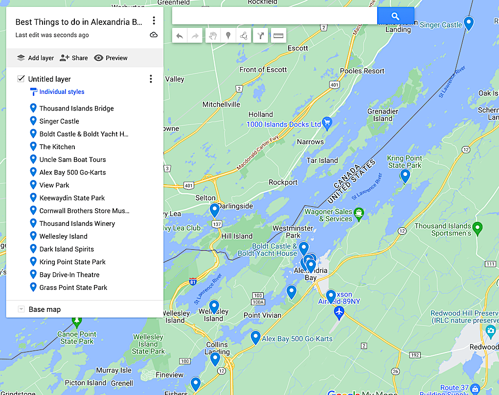 Map of the best things to do in Alexandria Bay NY. 