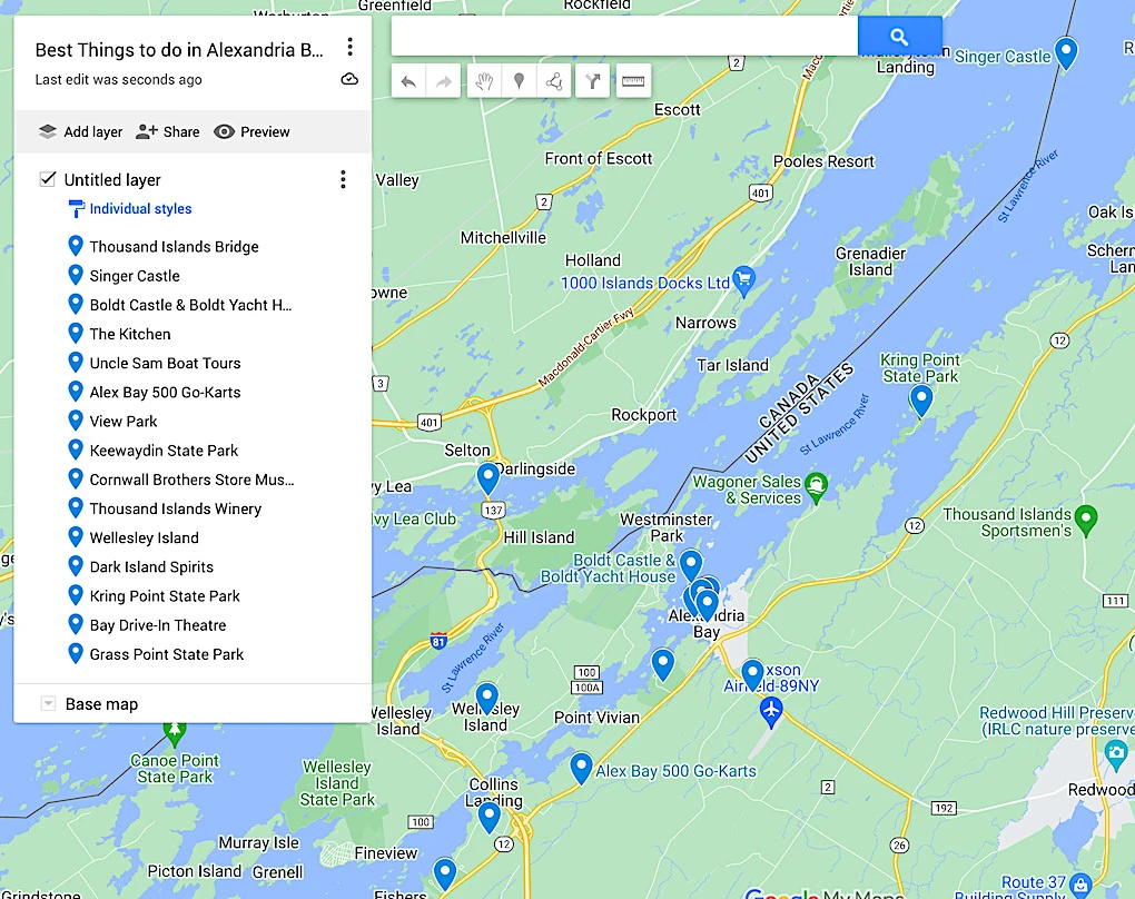 Map of the best things to do in Alexandria Bay NY. 