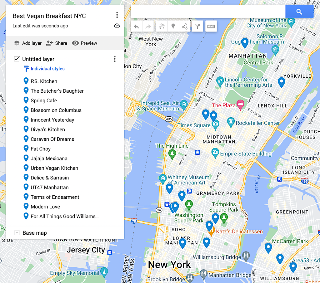 Map of the best vegan breakfast NYC. 