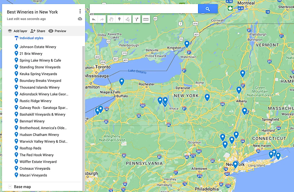 Map of the best wineries in New York, 