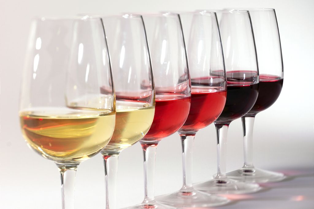 A variety of six different wines in stem glasses that range from white to red. 