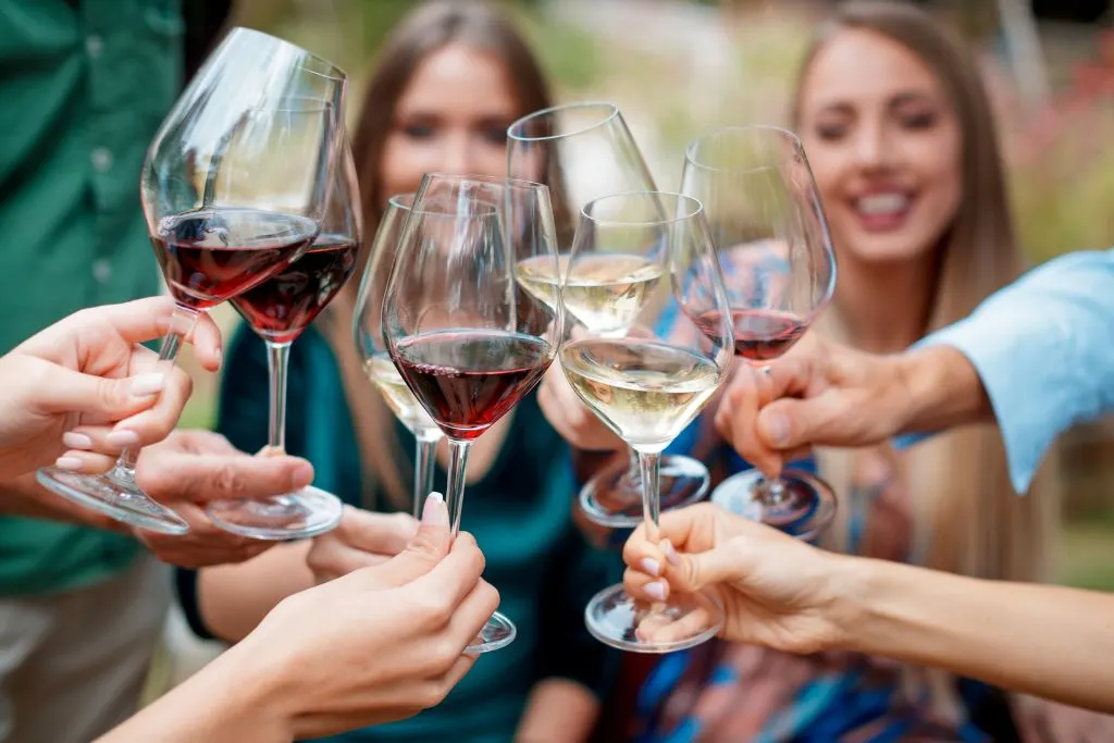 A group of friends toasting their glasses of red and white wines at one of the top wineries in New York. 