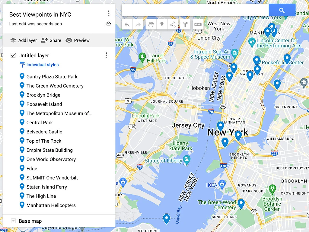 Map of all the best viewpoints in NYC. 