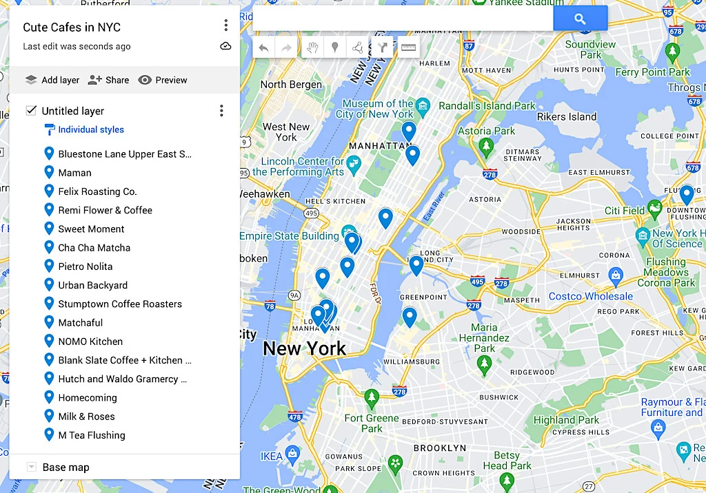 Map of cute cafes in NYC.
