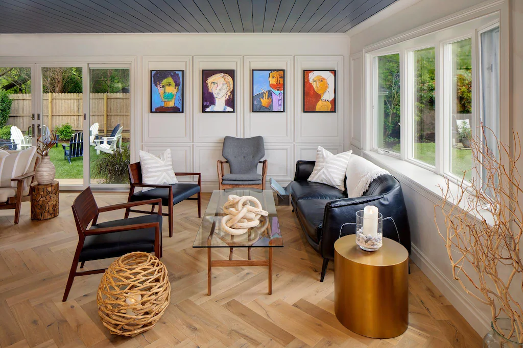 Modern decor in the living room of Journey East Hampton and a great Long Island romantic getaway.  