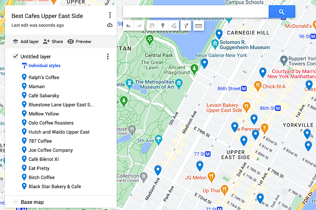 Map of best cafes Upper East Side NYC. 