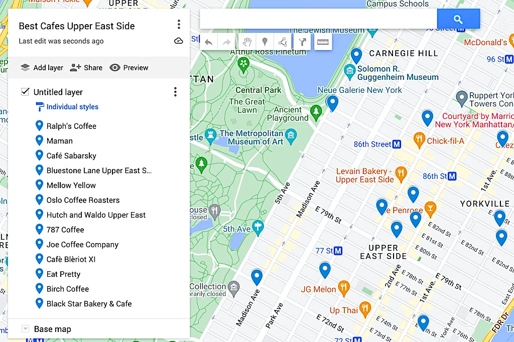 Map of best cafes Upper East Side NYC. 