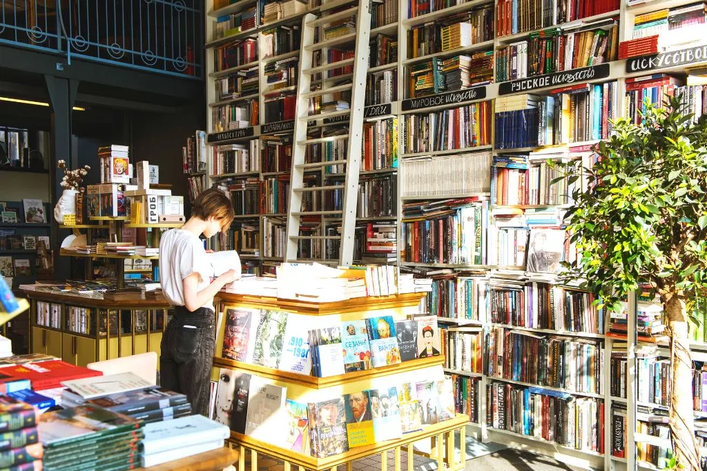 Variety of books inside a bookstore. 