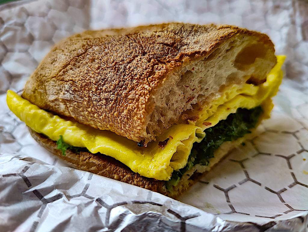 Brekkie Sando with egg and kale from Hutch + Waldo. 