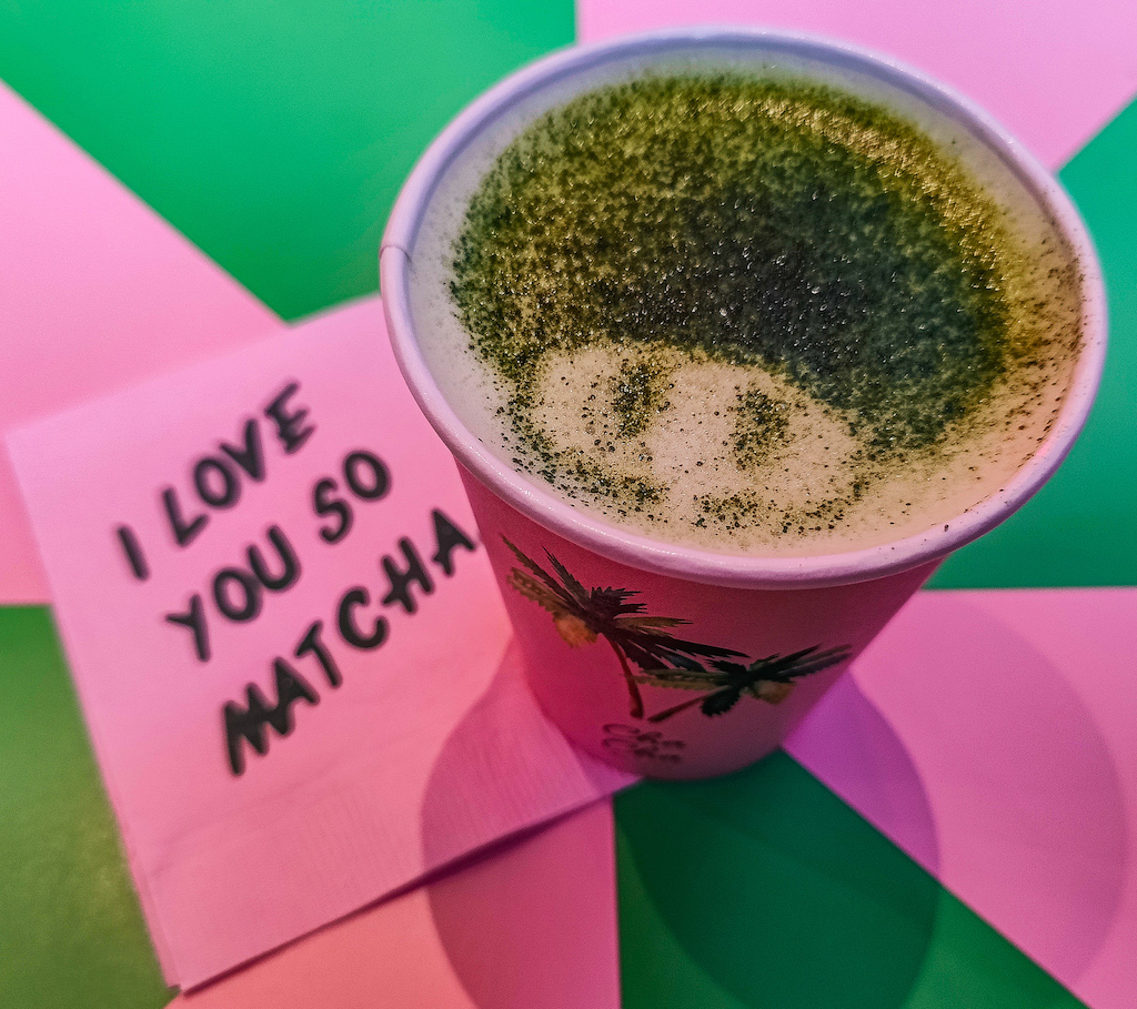 Matcha Latte with a green mushroom shape on top. 