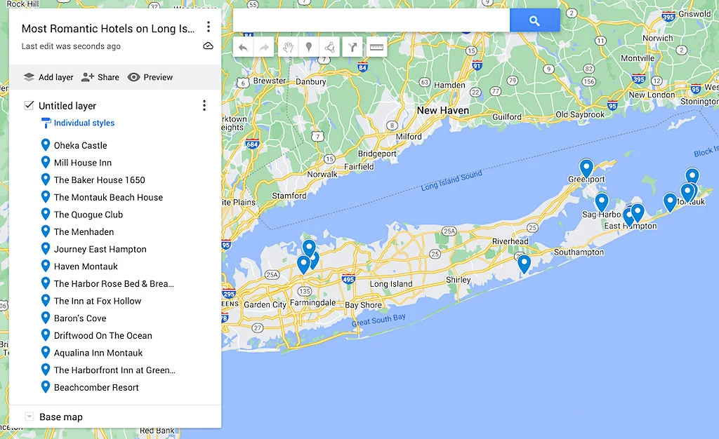 Map of the most romantic hotels on Long Island. 