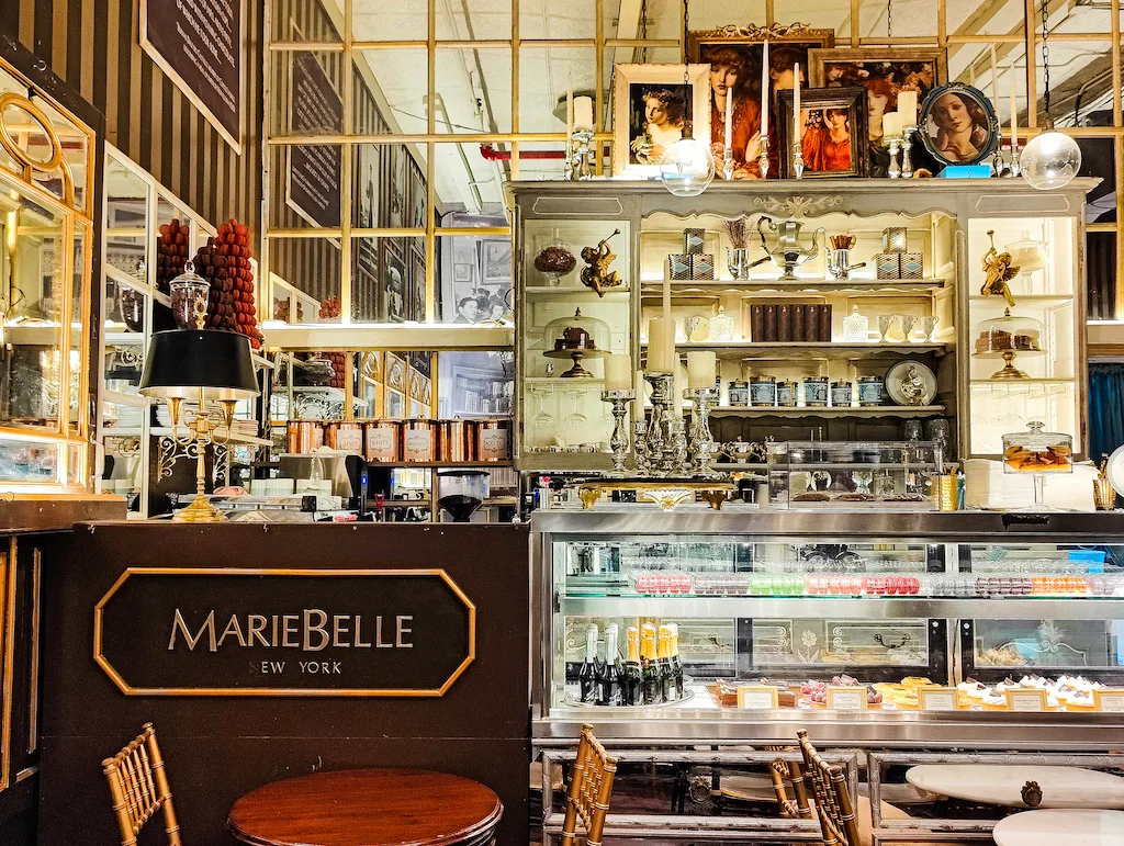 French-style cage and display counters for desserts at Mareibelle's NYC. 