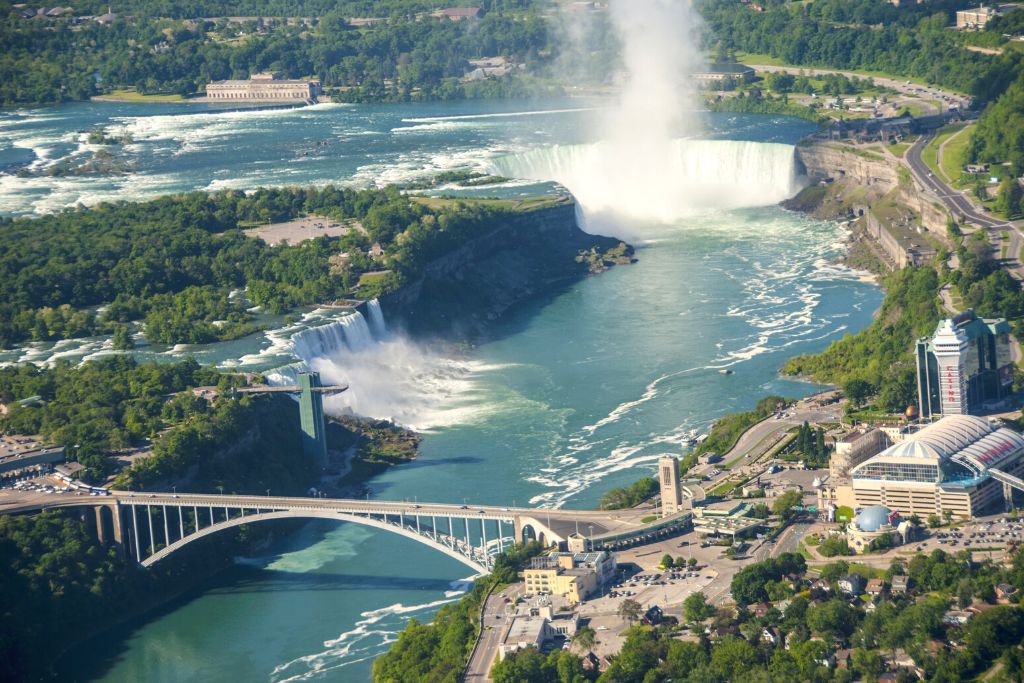 Aerial view of the Canadian and American side of Niagara Falls. 