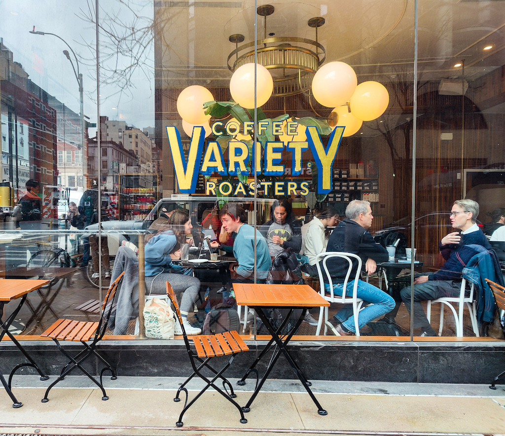 The exterior of the Variety Coffe Roasters storefront. 