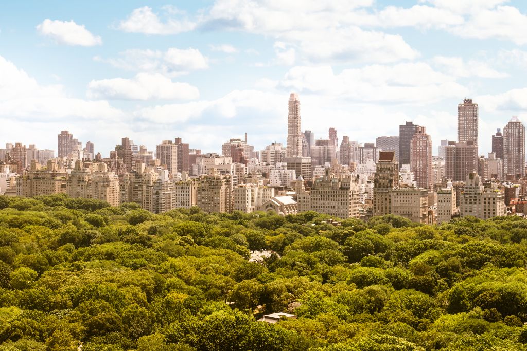 Aerial view of Central Park and the NYC skyline when you visit New York in May. 