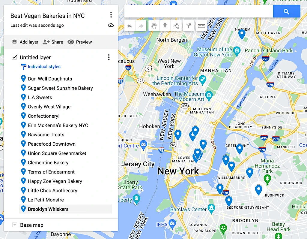 Map of the best vegan bakeries in NYC